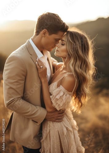 Engagement Portrait of A Handsome Man and Gorgeous Woman Standing in an Open Field 