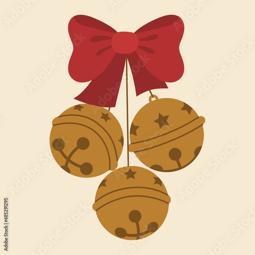 Isolated hanging Christmas jingle bells with red bow in flat retro cartoon style.