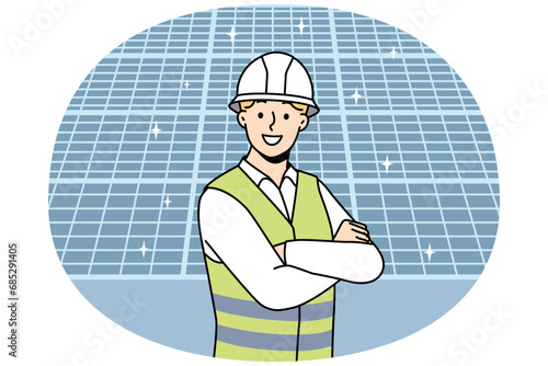 Smiling male engineer in uniform and helmet stand near solar panels. Happy man recommend modern photovoltaic batteries. Vector illustration.