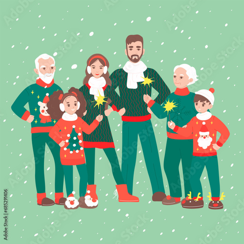 Family celebrating Christmas concept with character scene. Grandparents, parents and kids in cute ugly sweaters and warm clothing with sparklers on snow. Vector illustration in flat cartoon design