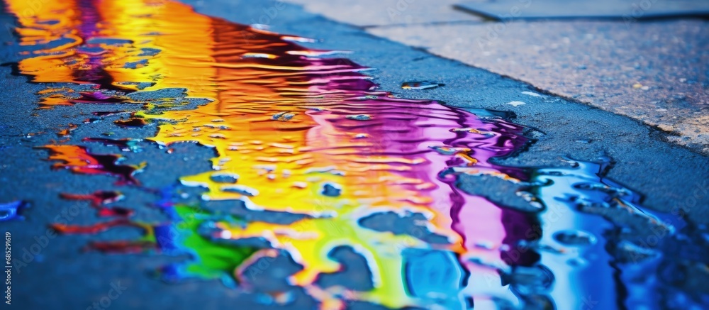 Rainbow gasoline leak on wet pavement copy space image