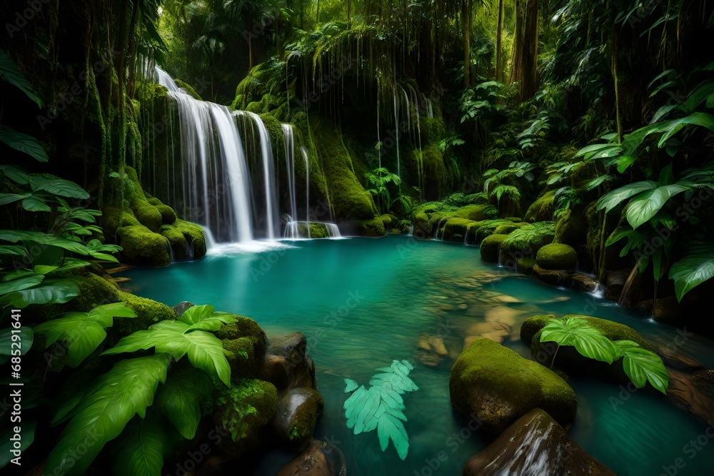 A majestic waterfall cascading into a crystal-clear pool surrounded by lush, emerald vegetation.
