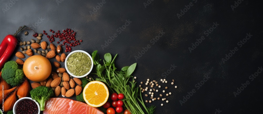 Potassium rich foods include legumes salmon fruits vegetables dried apricots seaweed chuka and nuts Top view on a dark background copy space image Potassium rich foods include legumes salmon fruits vegetables dried apricots seaweed chuka and nuts Top view on a dark background copy space image