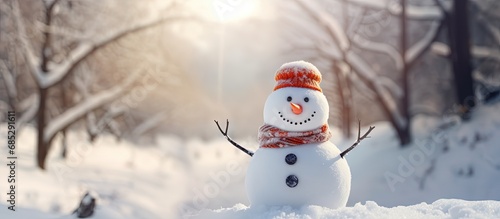 Snowy forest snowman with button eyes and carrot nose copy space image