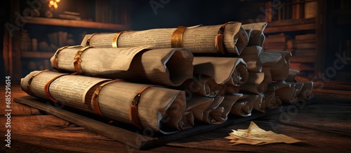 Stacked ancient scrolls in a damaged library copy space image photo