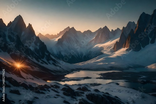 Create a breathtaking mountain panorama at dawn, where the first light of day touches the rugged peaks.
