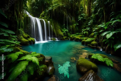 A majestic waterfall cascading into a crystal-clear pool surrounded by lush  emerald vegetation.
