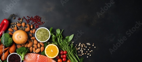 Potassium rich foods include legumes salmon fruits vegetables dried apricots seaweed chuka and nuts Top view on a dark background copy space image photo
