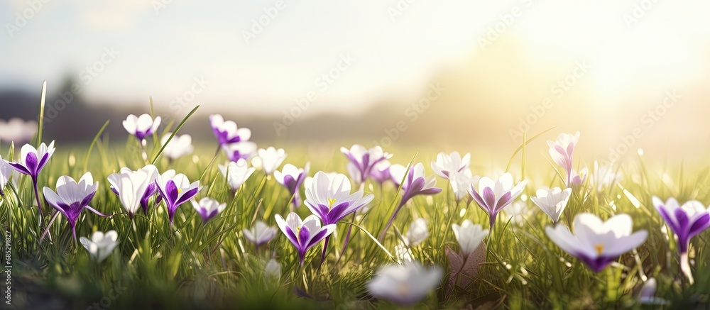 Obraz premium The blooming white and purple flowers are stunning set amid green grass nature sky and sun copy space image