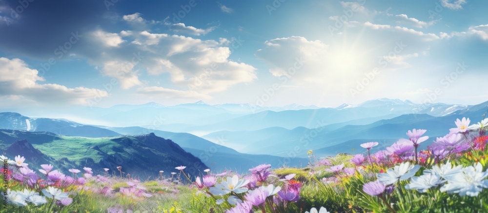 The colorful mountain flowers create a beautiful scene with lush greenery open sky and shining sun copy space image