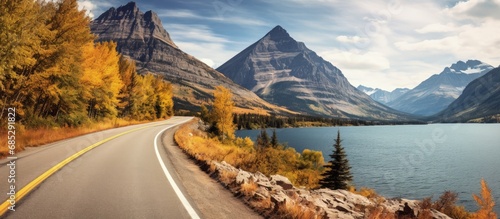 Roadside lookout on Road to the Sun in Glacier National Park Montana copy space image photo