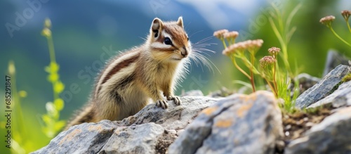 Siberian chipmunks seeking food in the mountains and boulder scree copy space image photo