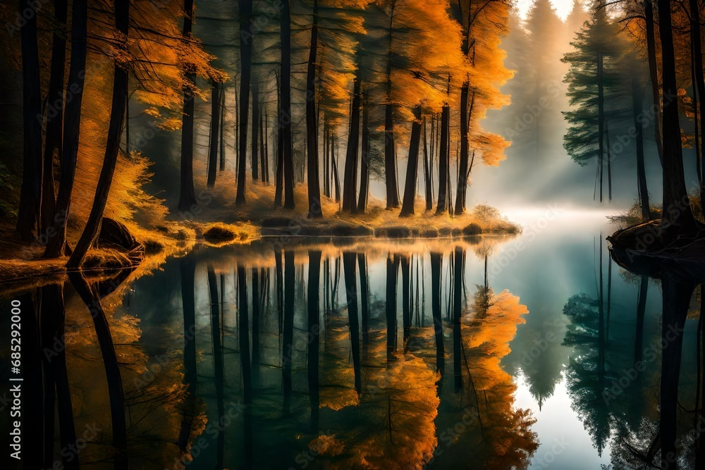 Imagine a tranquil, misty morning on a calm river, surrounded by a forest of tall trees whose reflections gently dance on the water's surface. Imagine a tranquil, misty morning on a calm river, surrounded by a forest of tall trees whose reflections gently dance on the water's surface.