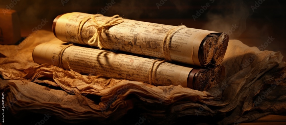 Stacked ancient scrolls in a damaged library copy space image