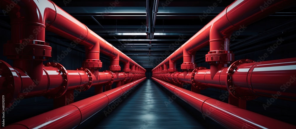 Red fire water pipeline system copy space image - obrazy, fototapety, plakaty 