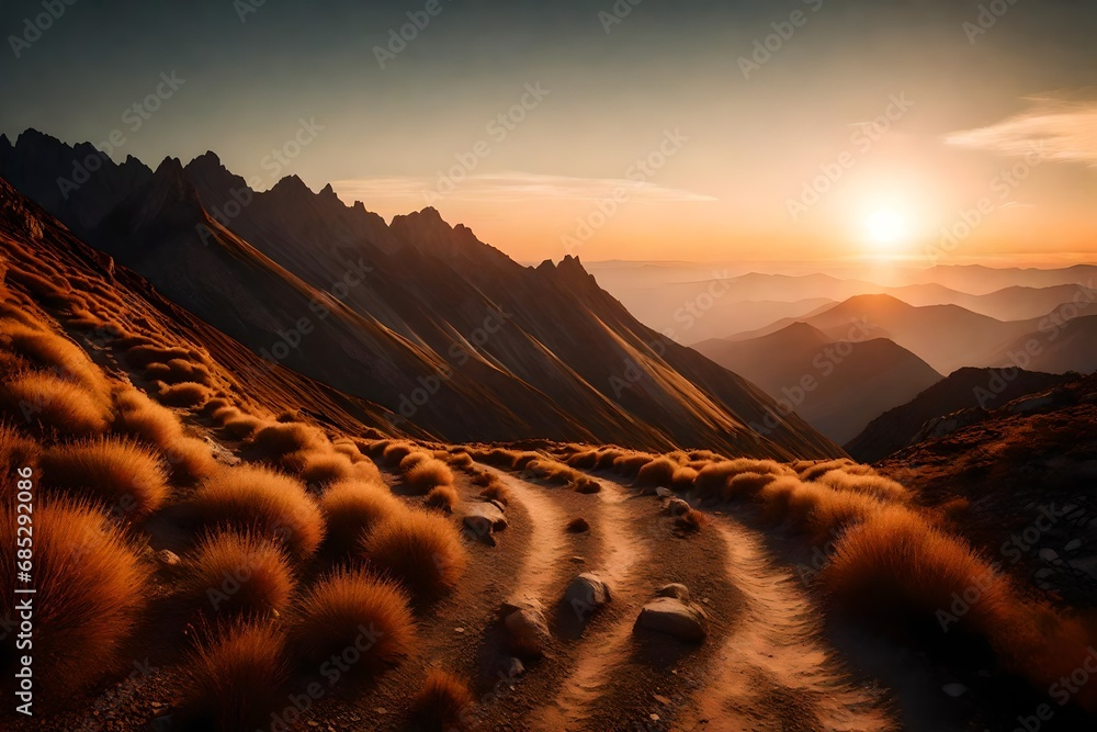 Picture a serene mountain range, kissed by the soft glow of the setting sun, with a winding trail leading towards the horizon. - obrazy, fototapety, plakaty 
