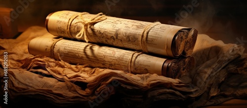 Stacked ancient scrolls in a damaged library copy space image
