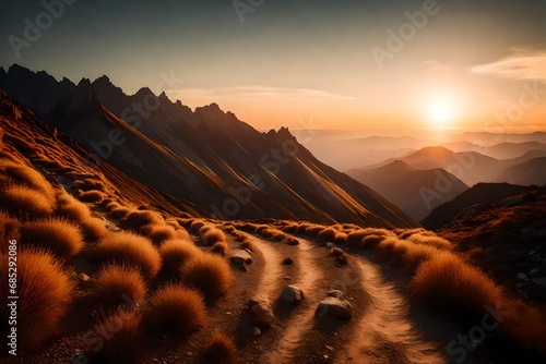 Picture a serene mountain range, kissed by the soft glow of the setting sun, with a winding trail leading towards the horizon.