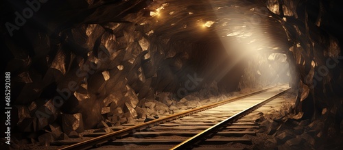 Railway in underground gold mine shaft copy space image