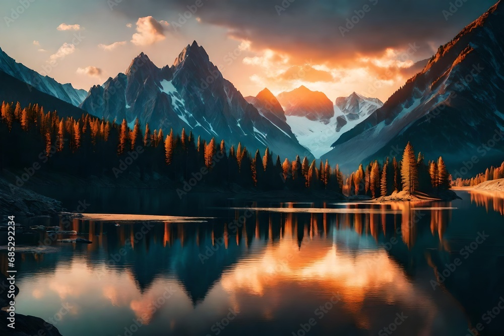 Imagine a serene mountain landscape at sunrise, with a calm lake reflecting the colorful sky and surrounding peaks.