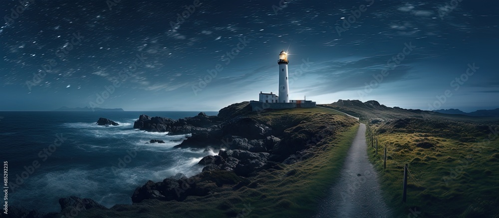 Nighttime view of a meteorological station and lighthouse at Pointe du Raz Brittany France copy space image - obrazy, fototapety, plakaty 