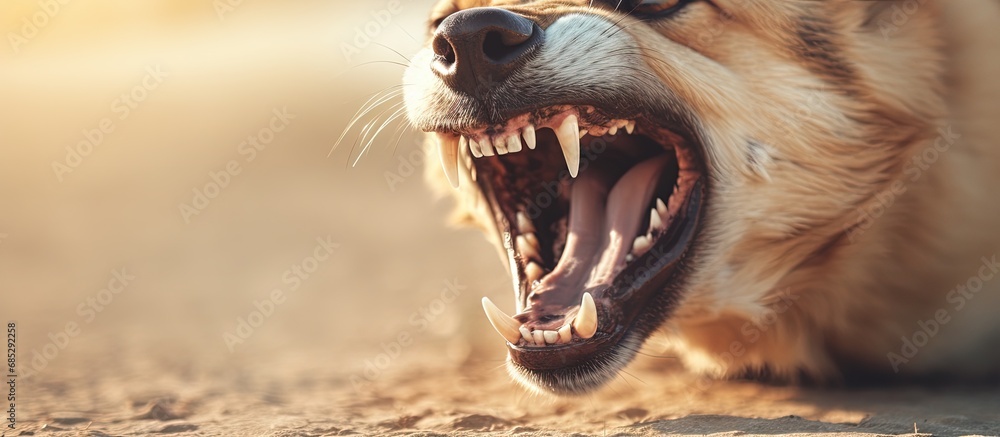 Fototapeta premium Outdoor dog snarling showing angry teeth in close up copy space image