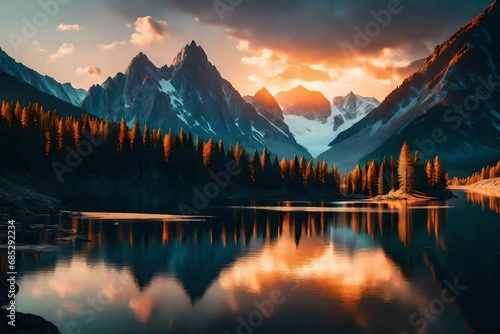 Imagine a serene mountain landscape at sunrise, with a calm lake reflecting the colorful sky and surrounding peaks.
