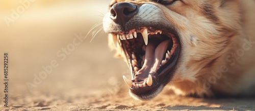 Outdoor dog snarling showing angry teeth in close up copy space image © vxnaghiyev