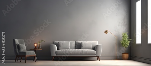 Relaxation room long cozy grey with sofa armchair and table copy space image