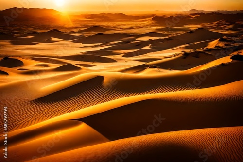 A breathtaking sunset over a vast desert, with dunes casting long, dramatic shadows across the golden sands.