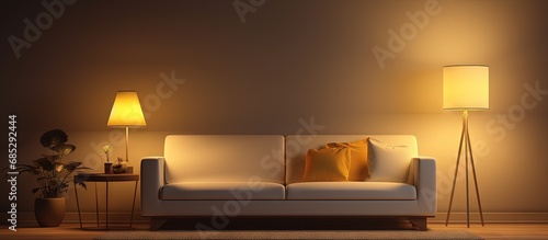 Modern living room with a nearby lamp at night copy space image photo