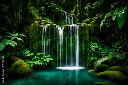 A majestic waterfall cascading into a crystal-clear pool surrounded by lush, emerald vegetation.