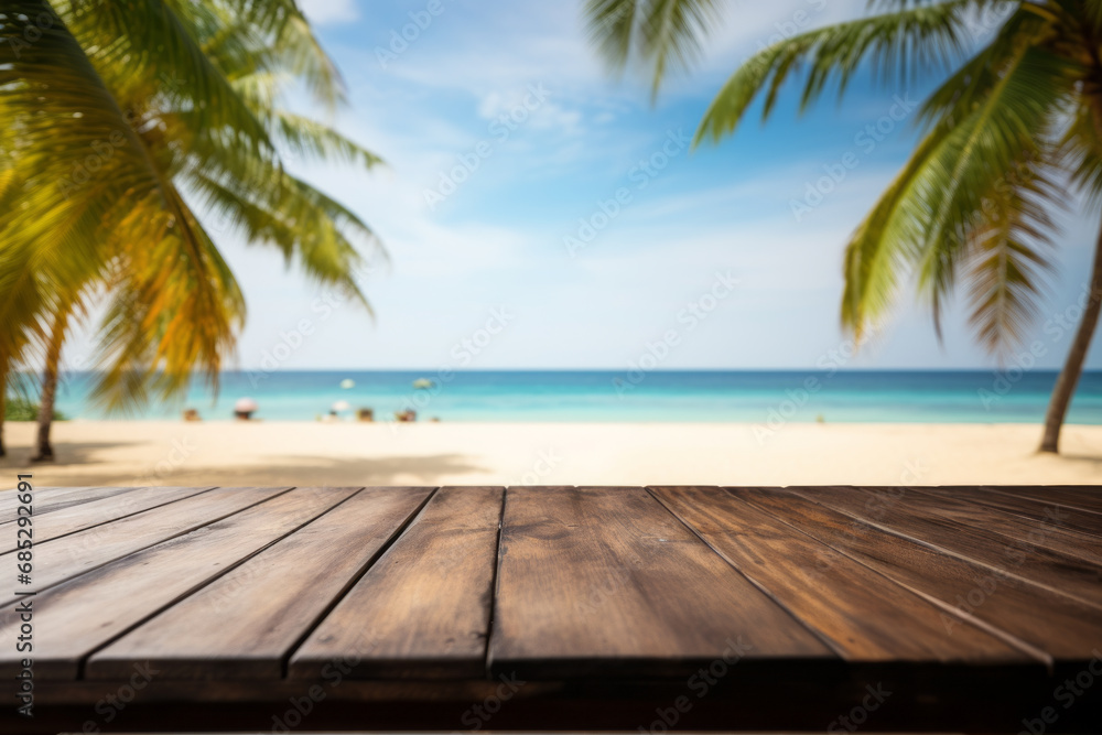 Empty wooden table with tropical beach theme in background. Generative Ai