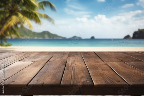 Empty wooden table with tropical beach theme in background. Generative Ai