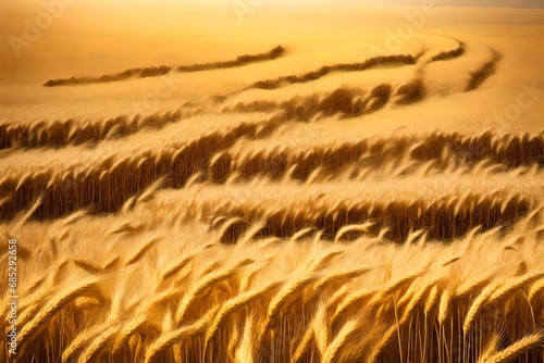 Visualize a rolling field of golden wheat under a vast  open sky  gently swaying in the breeze.
