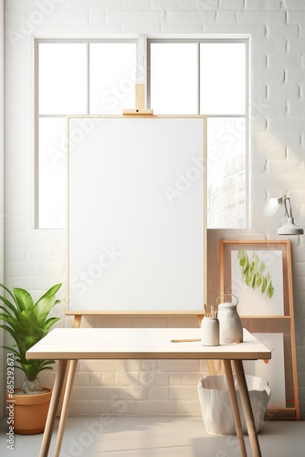 Light-filled artist studio with blank canvas for art supplies mockup AI generated illustration