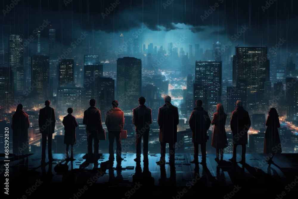 A group of people stand in a dark room with a cityscape in the background.