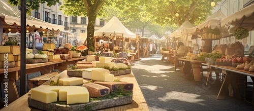 Outdoor space with artisan cheese stalls copy space image photo