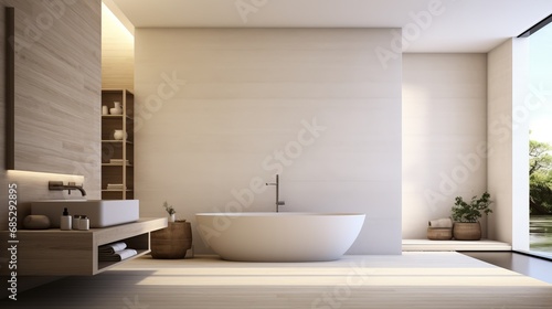 Low-key luxe minimalist bathroom with standalone bathtub and open shower  AI generated illustration