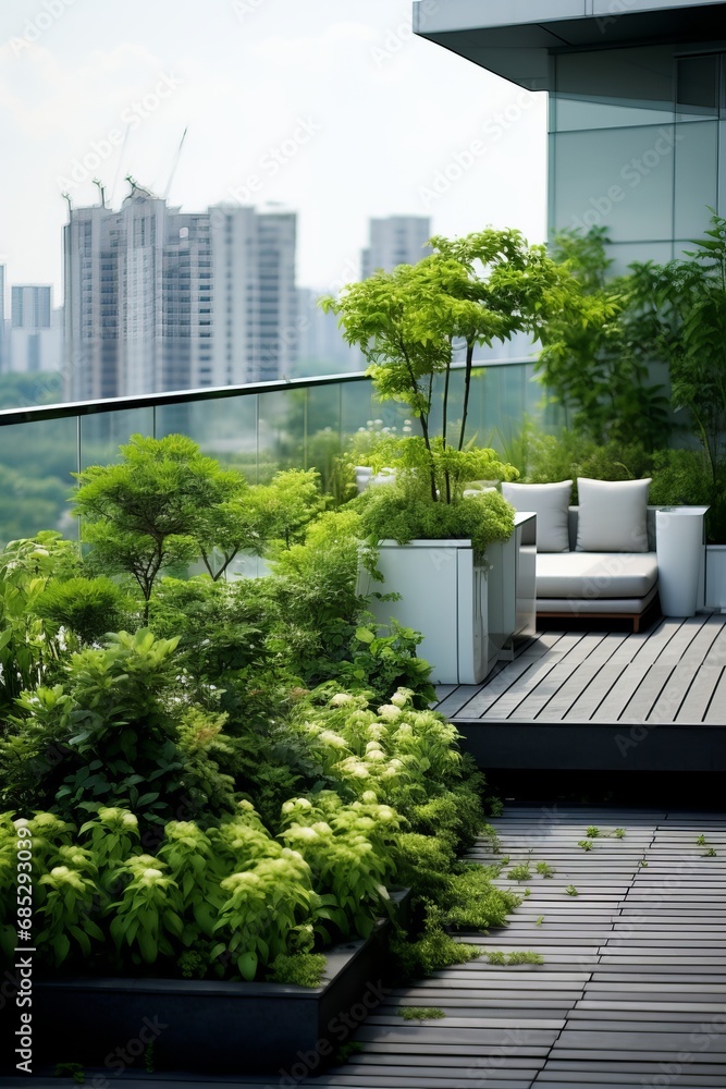 Lush rooftop terrace garden in a minimalist style AI generated illustration Lush rooftop terrace garden in a minimalist style AI generated illustration