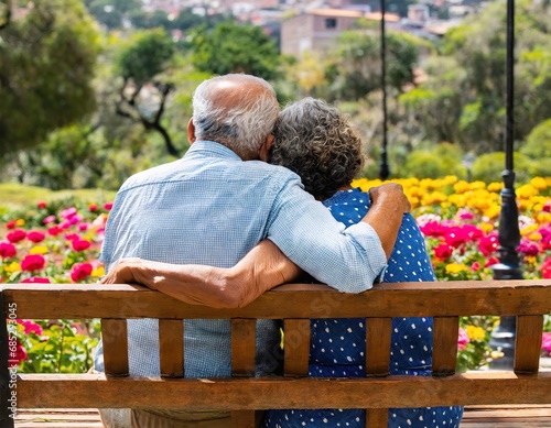 Pareja de Ancianos Abrazándose en el Parque Florido © carlesch