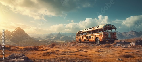 Obraz na płótnie Rustic bus in post apocalyptic mountains copy space image