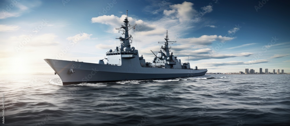 Naklejka premium Nuclear guided missile cruiser near Kronstadt in the Gulf of Finland copy space image