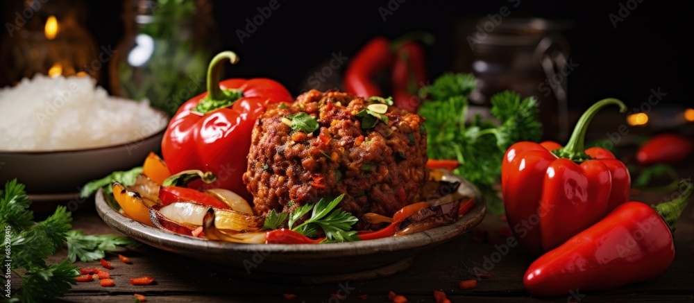 Stuffed minced meat and vegetables with fried chili pepper copy space image