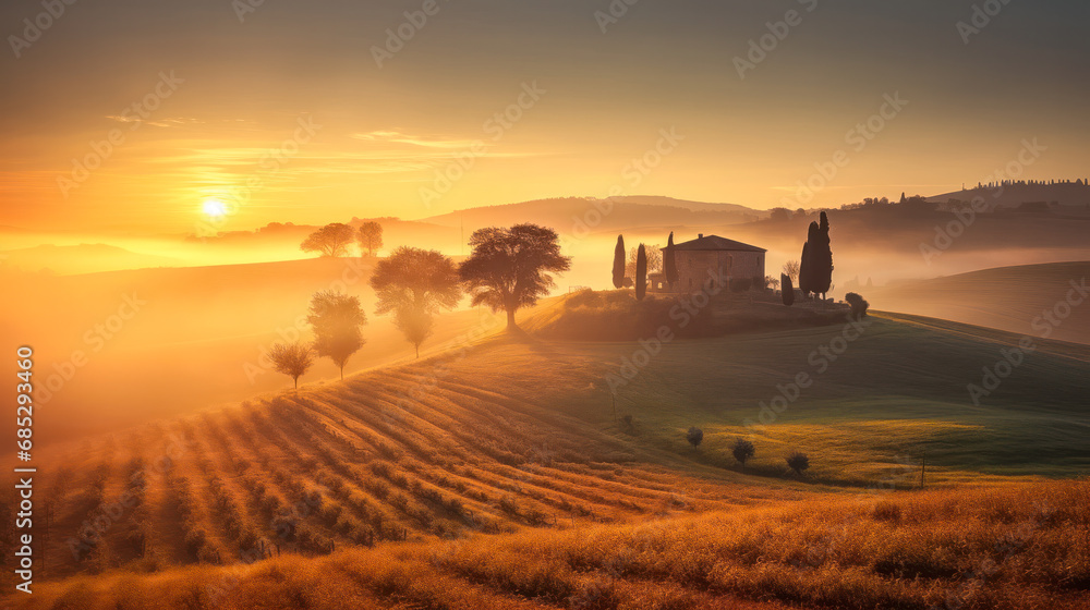 Fototapeta premium Mystische Landschaft in der Toskana im Nebel bei Sonnenaufgang, Generative AI