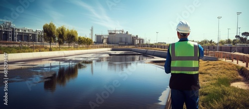 Technician ensuring pollution control in wastewater treatment plant Worker in waste water treatment pond industry copy space image