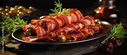 Popular antipasto pancetta rolls with pickled olives copy space image