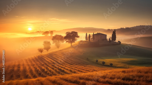 Mystische Landschaft in der Toskana im Nebel bei Sonnenaufgang, Generative AI