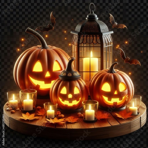 Three lit Jack-o-Lantern, halloween pumpkin lanterns on a wooden product display table with an isolated transparent background.