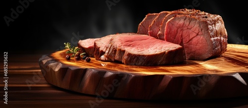 Round beef eye sliced and roasted on cutting board copy space image